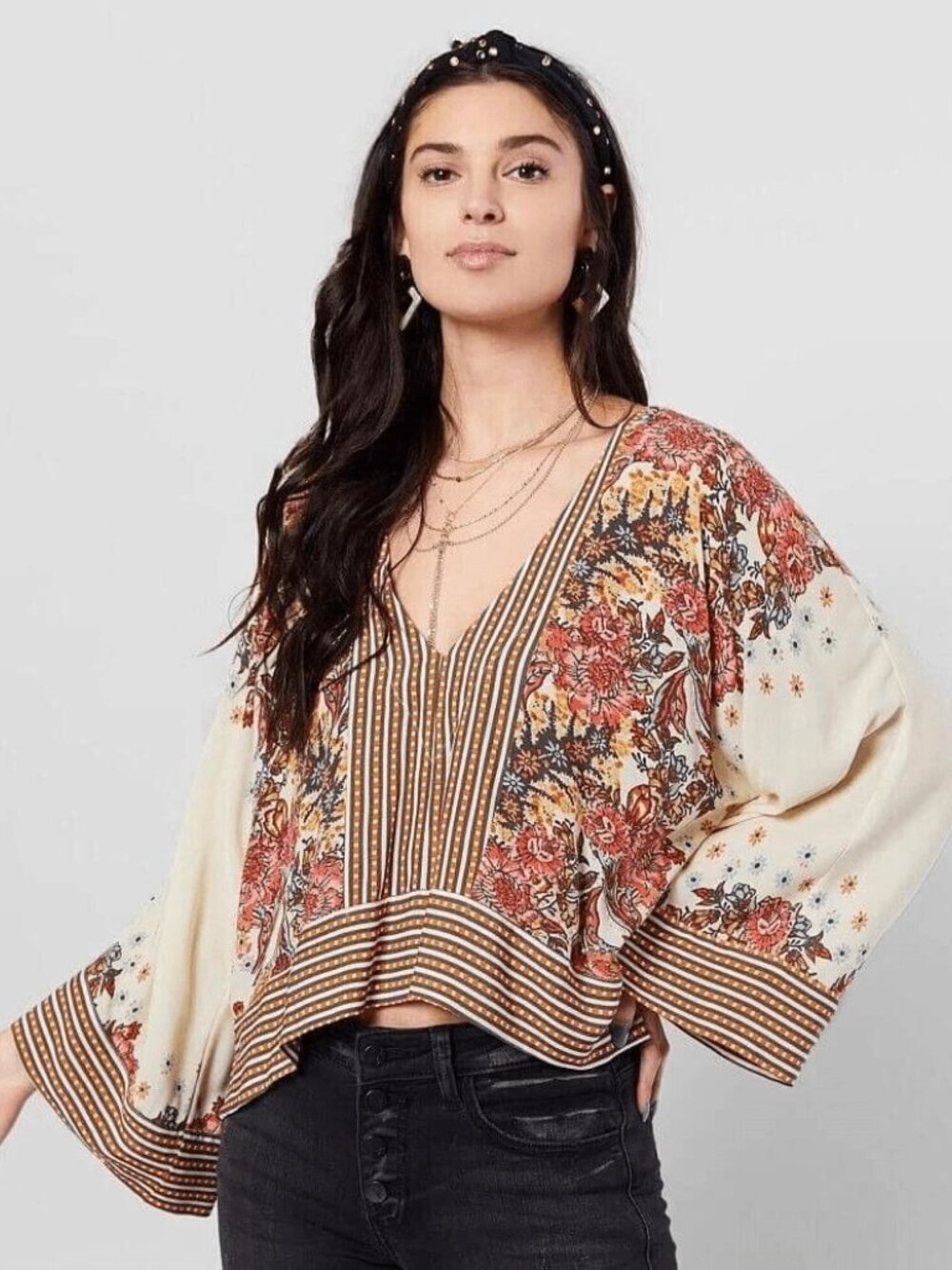 Free People Mix N Match Blouse Floral Boho Fairycore Whimsical in Tea Combo L